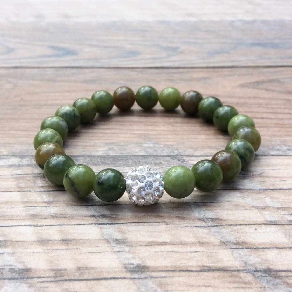 Green Jade bracelet with rhinestone pave focal, healing bracelet